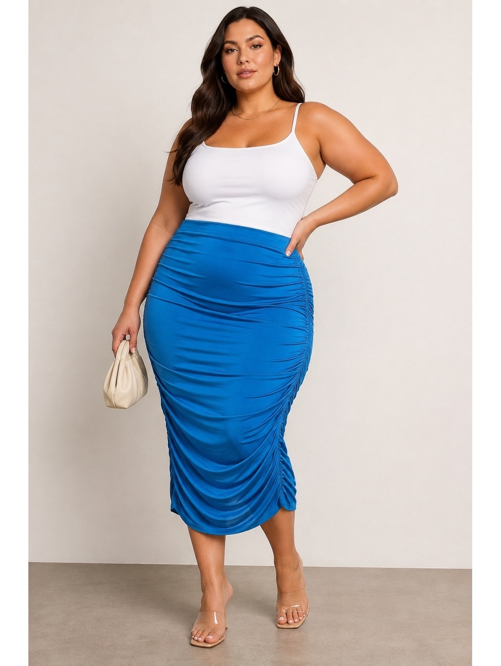 REMI x REVOLVE Blue Ruched Bodycon Midi Skirt Size 3X
